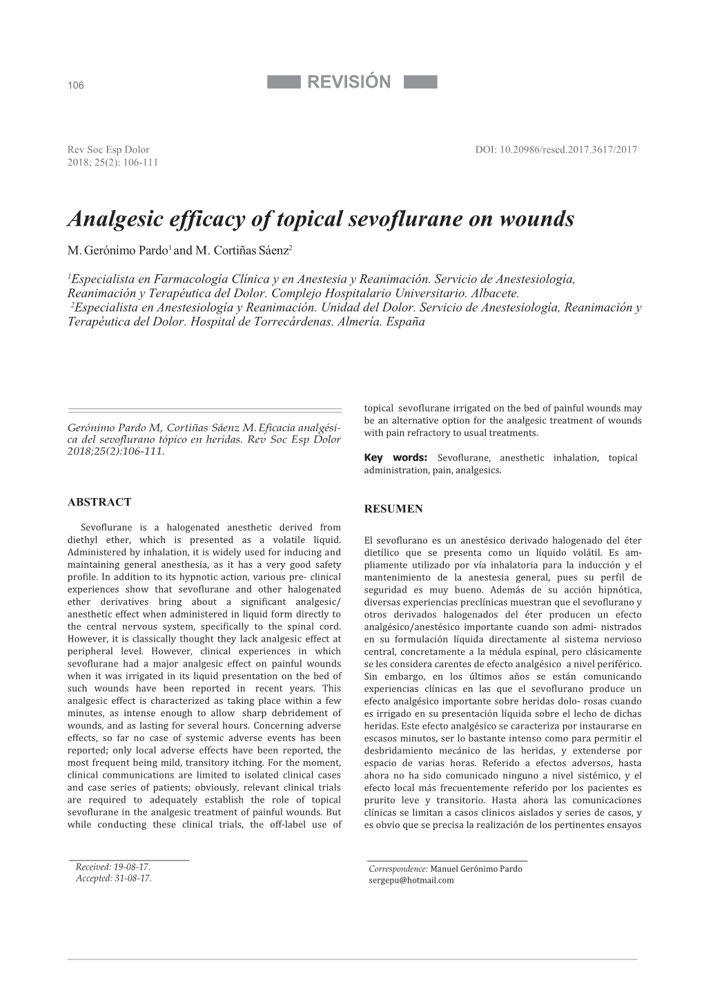 Analgesic Efficacy of Topical Sevoflurane on Wounds