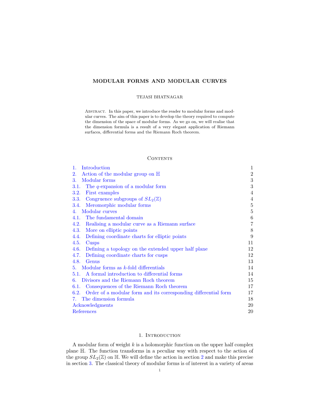 MODULAR FORMS and MODULAR CURVES Contents 1. Introduction 1