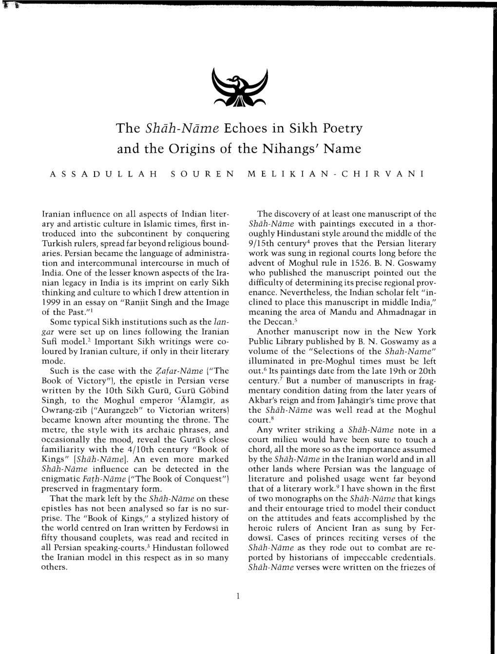 The Shah-Name Echoes in Sikh Poetry and the Origins of the Nihangs' Name