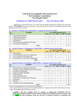 UTTAR BANGA KRISHI VISWAVIDYALAYA P.O. Pundibari, Cooch Behar West Bengal-736165