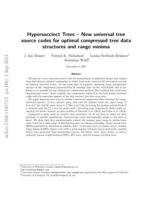 Hypersuccinct Trees – New Universal Tree Source Codes for Optimal Compressed Tree Data Structures and Range Minima