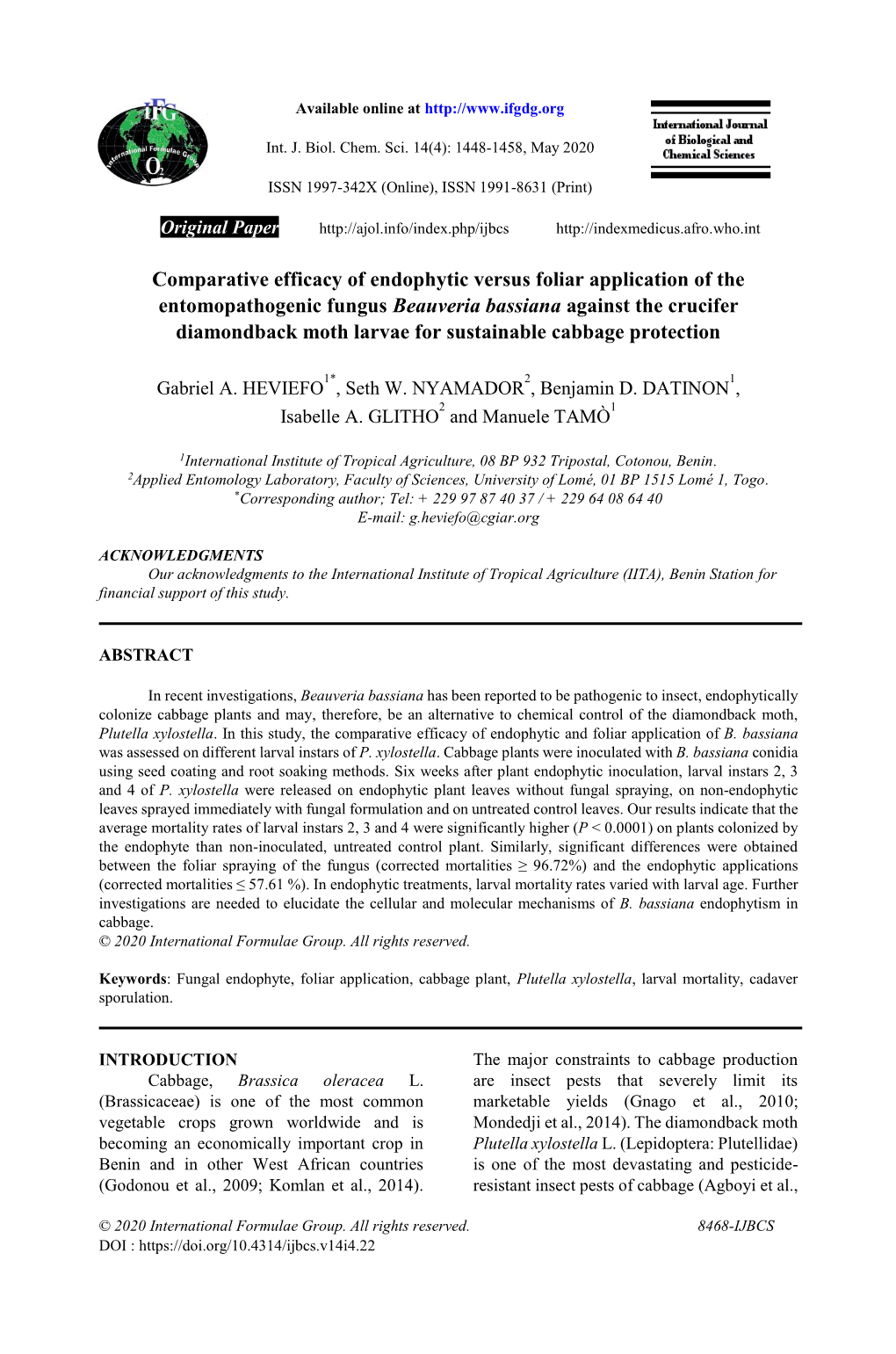 Comparative Efficacy of Endophytic Versus Foliar Application of The