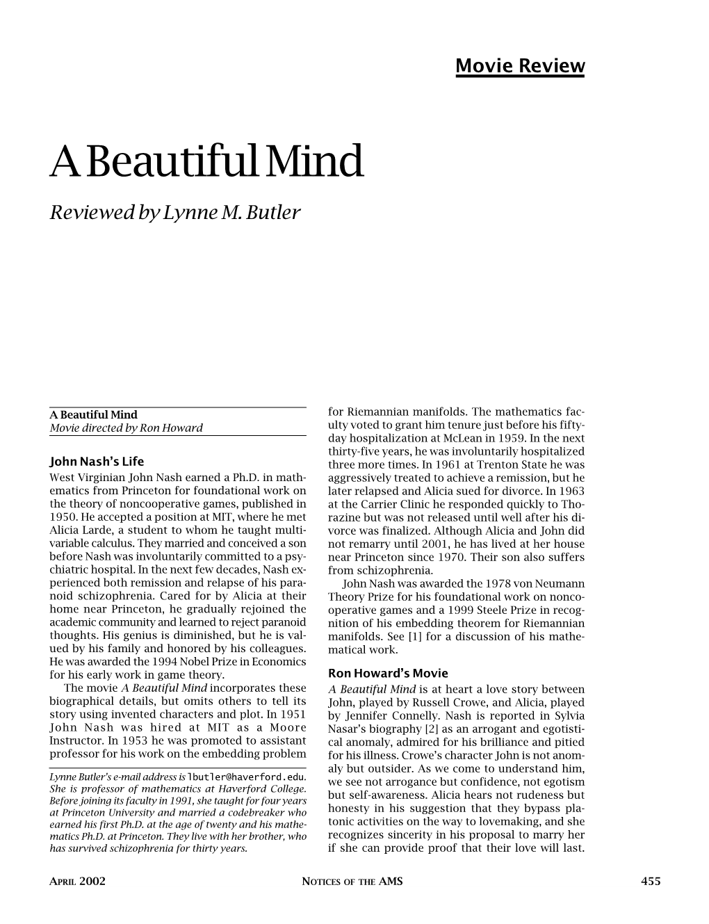 Movie Review: a Beautiful Mind, Volume 49, Number 4