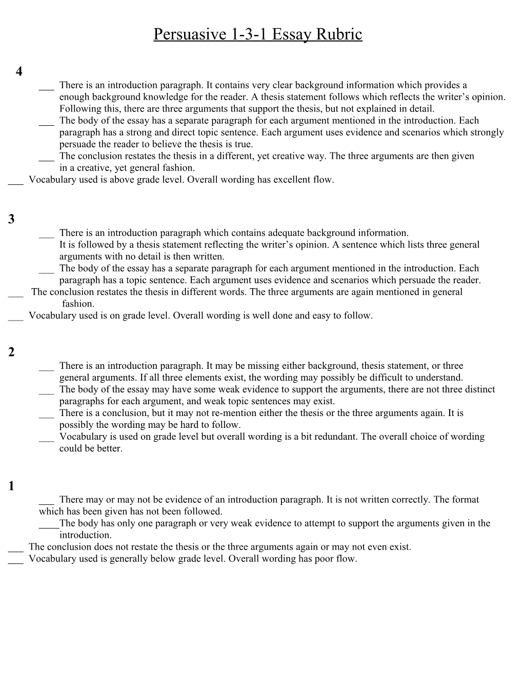 Persuasive 1-3-1 Essay Rubric