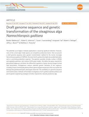 Draft Genome Sequence and Genetic Transformation of the Oleaginous Alga Nannochloropsis Gaditana