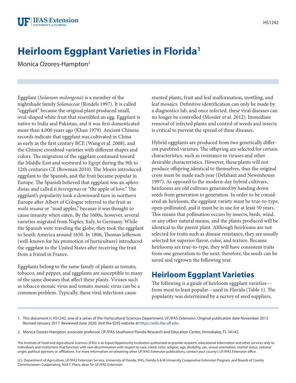 Heirloom Eggplant Varieties in Florida1 Monica Ozores-Hampton2