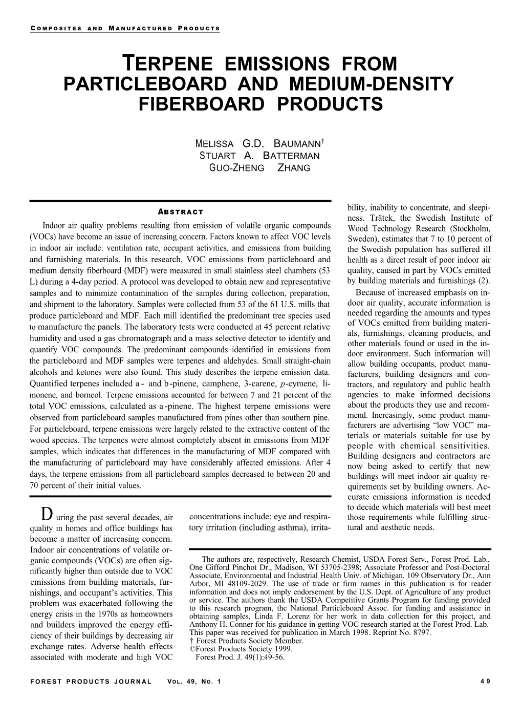 Terpene Emissions from Particleboard and Medium-Density Fiberboard Products