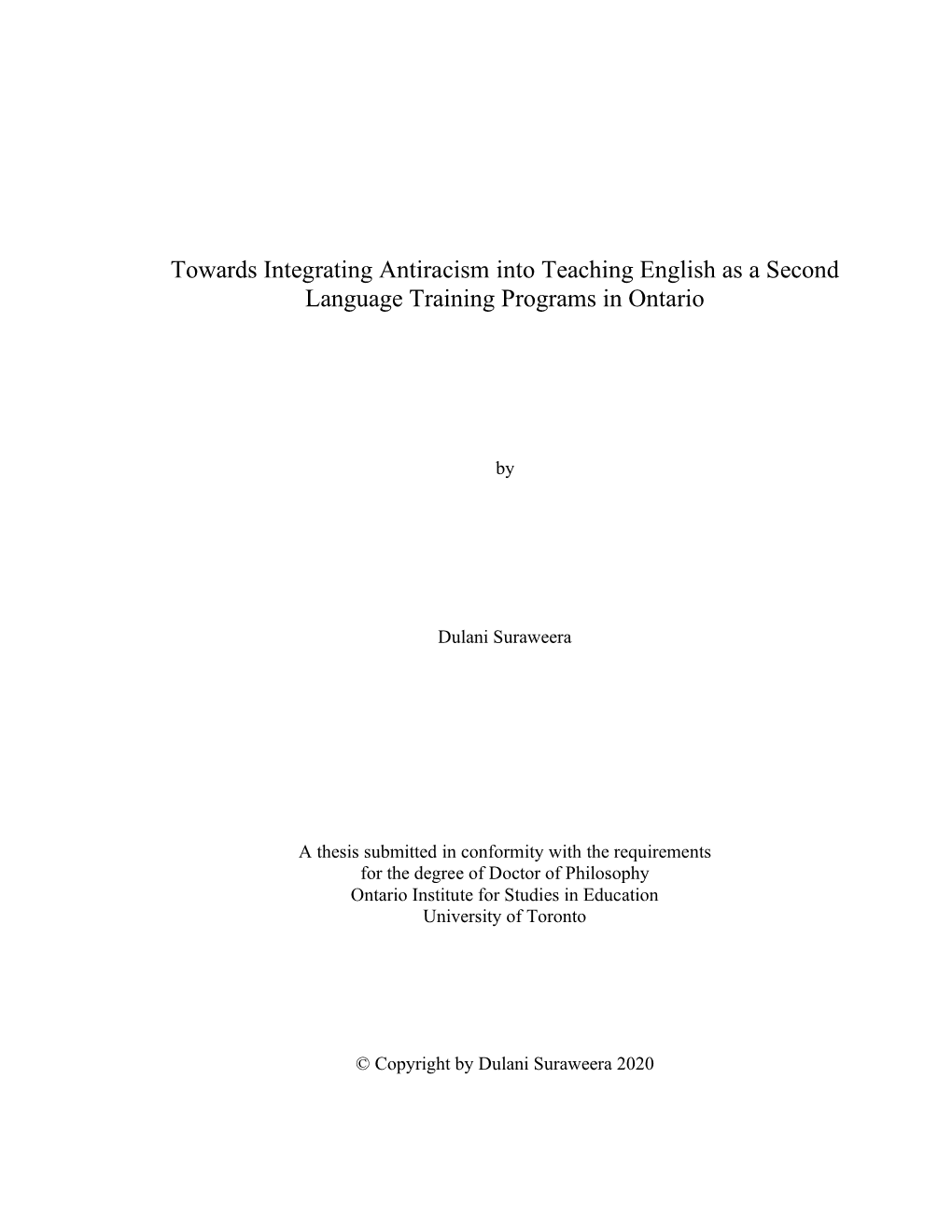 Towards Integrating Antiracism Into Teaching English As a Second Language Training Programs in Ontario