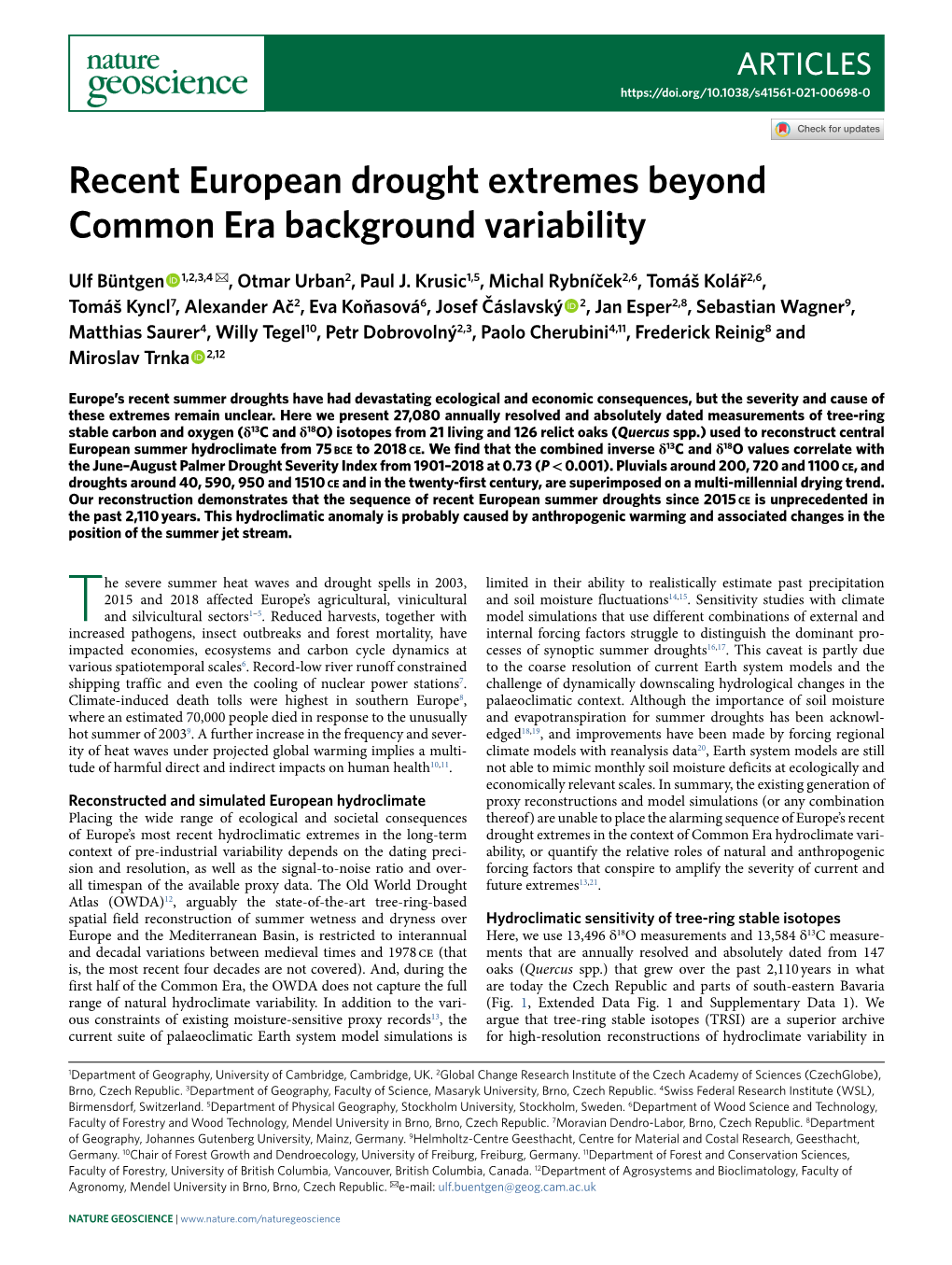 Recent European Drought Extremes Beyond Common Era Background Variability