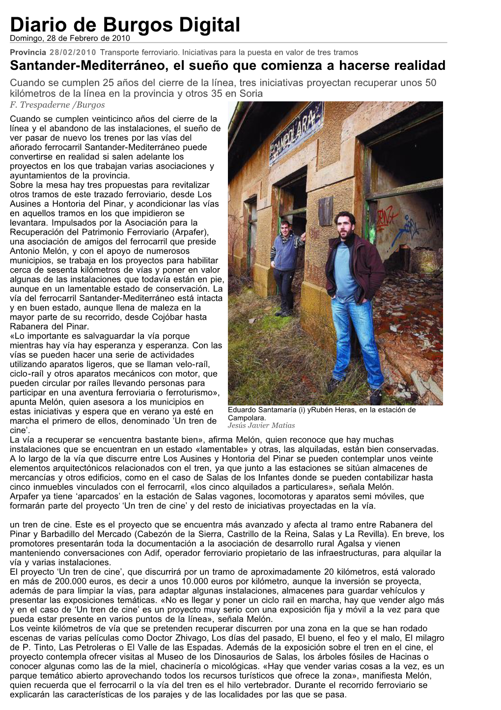 Diario De Burgos Digital Domingo, 28 De Febrero De 2010 Provincia 28/02/2010 Transporte Ferroviario