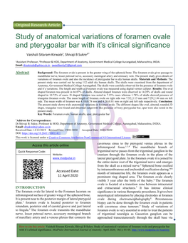 Study of Anatomical Variations of Foramen Ovale and Pterygoalar Bar with It’S Clinical Significance
