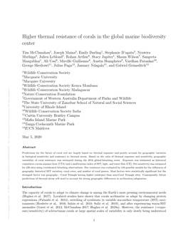 Higher Thermal Resistance of Corals in the Global Marine Biodiversity Center