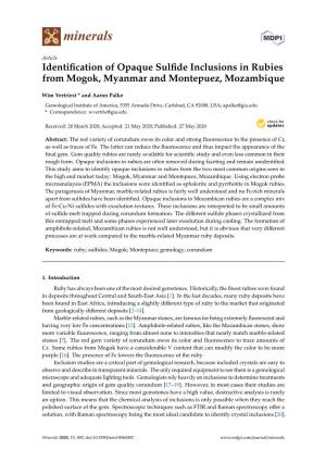 Identification of Opaque Sulfide Inclusions in Rubies from Mogok, Myanmar and Montepuez, Mozambique