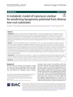 A Metabolic Model of Lipomyces Starkeyi for Predicting Lipogenesis