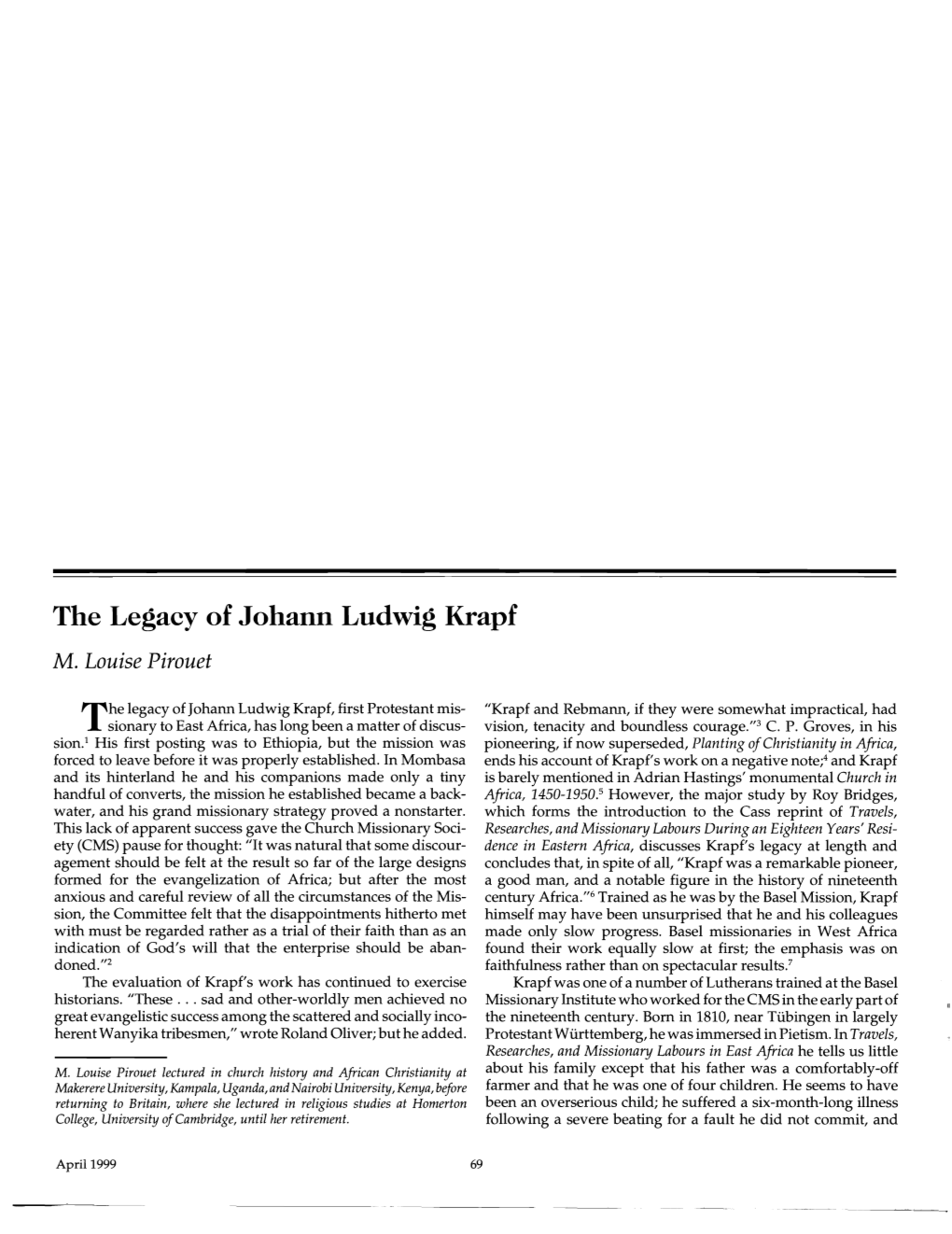 The Legacy of Johann Ludwig Krapf M