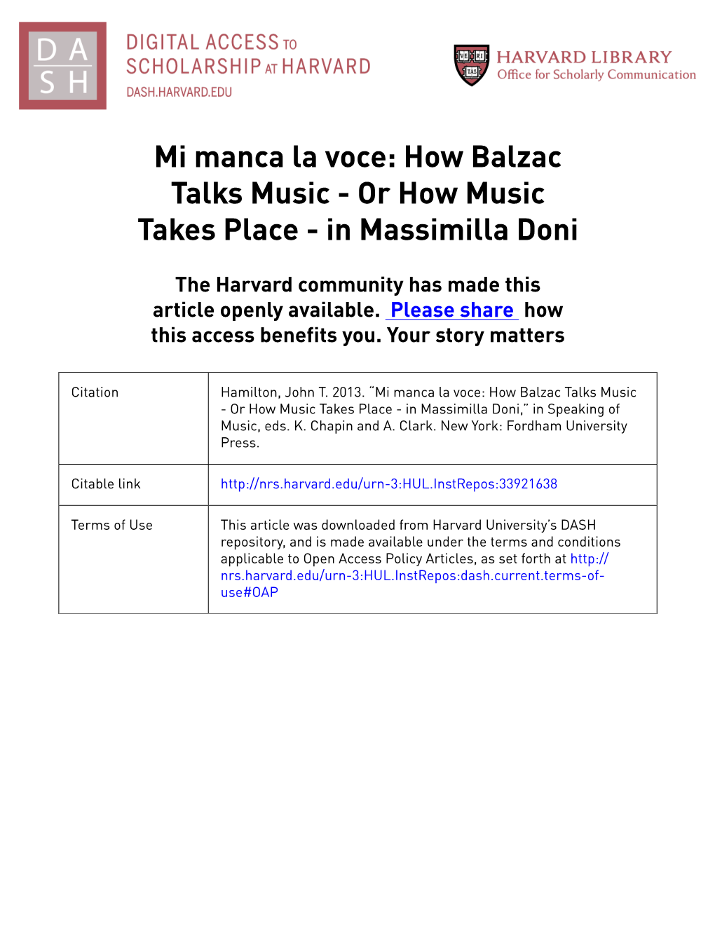 Mi Manca La Voce: How Balzac Talks Music - Or How Music Takes Place - in Massimilla Doni