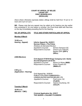 Court of Appeal of Belize Cause List First Session 2019 (Regular)