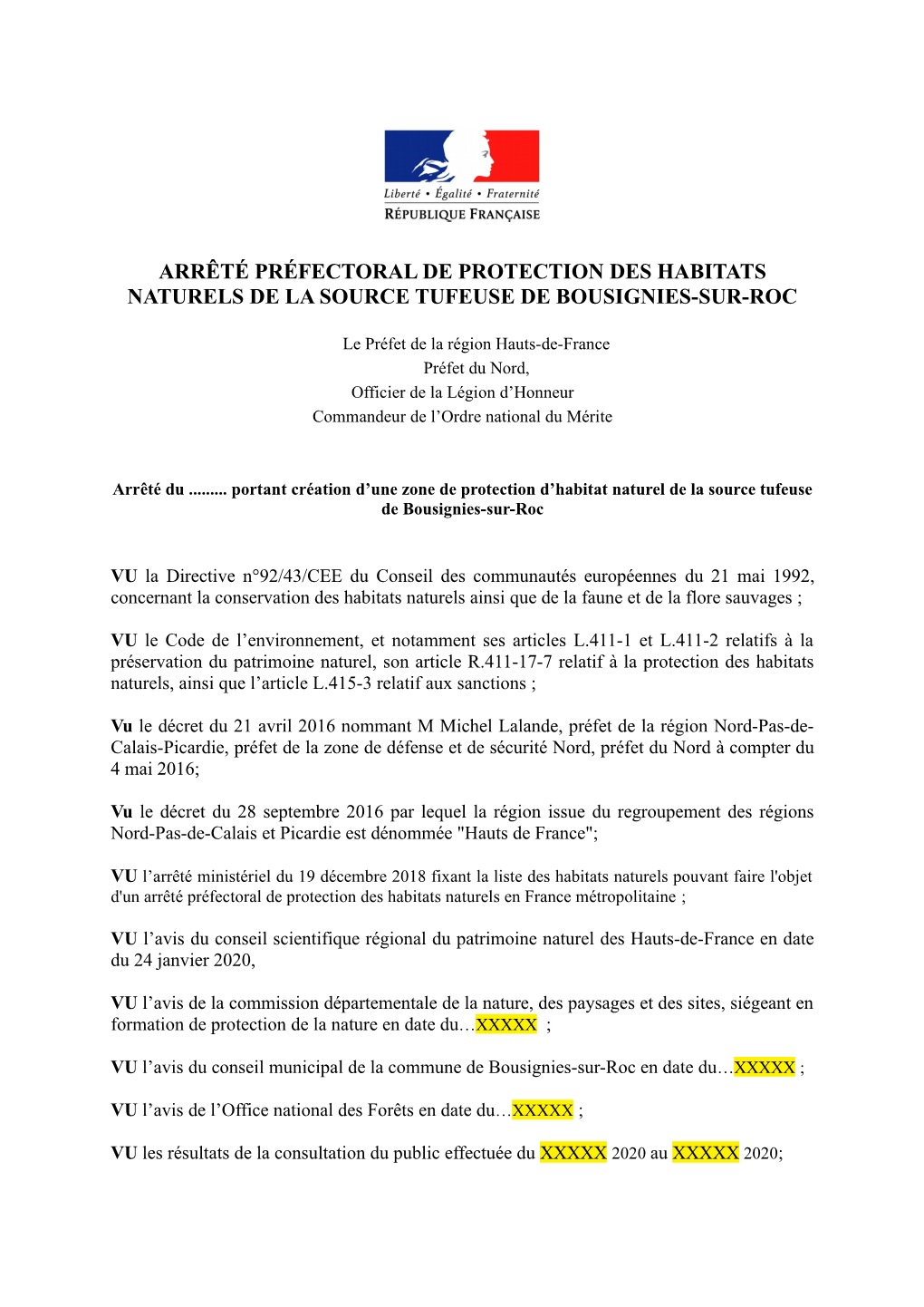 Arrêté Préfectoral De Protection Des Habitats Naturels De La Source Tufeuse De Bousignies-Sur-Roc