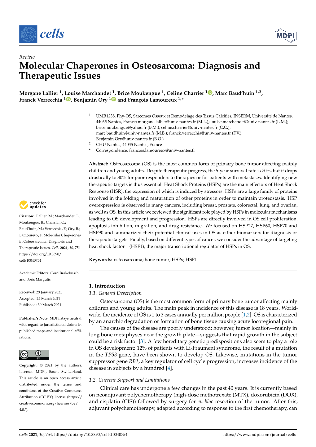 Molecular Chaperones in Osteosarcoma: Diagnosis and Therapeutic Issues