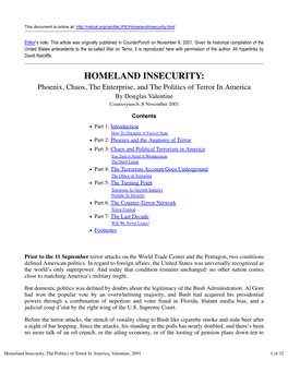 Homeland Insecurity, the Politics of Terror in America, Valentine, 2001
