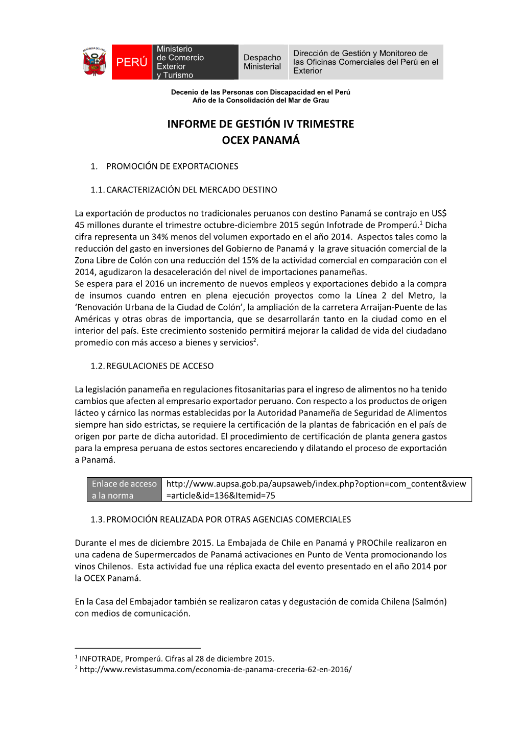 Informe De Gestión Iv Trimestre Ocex Panamá