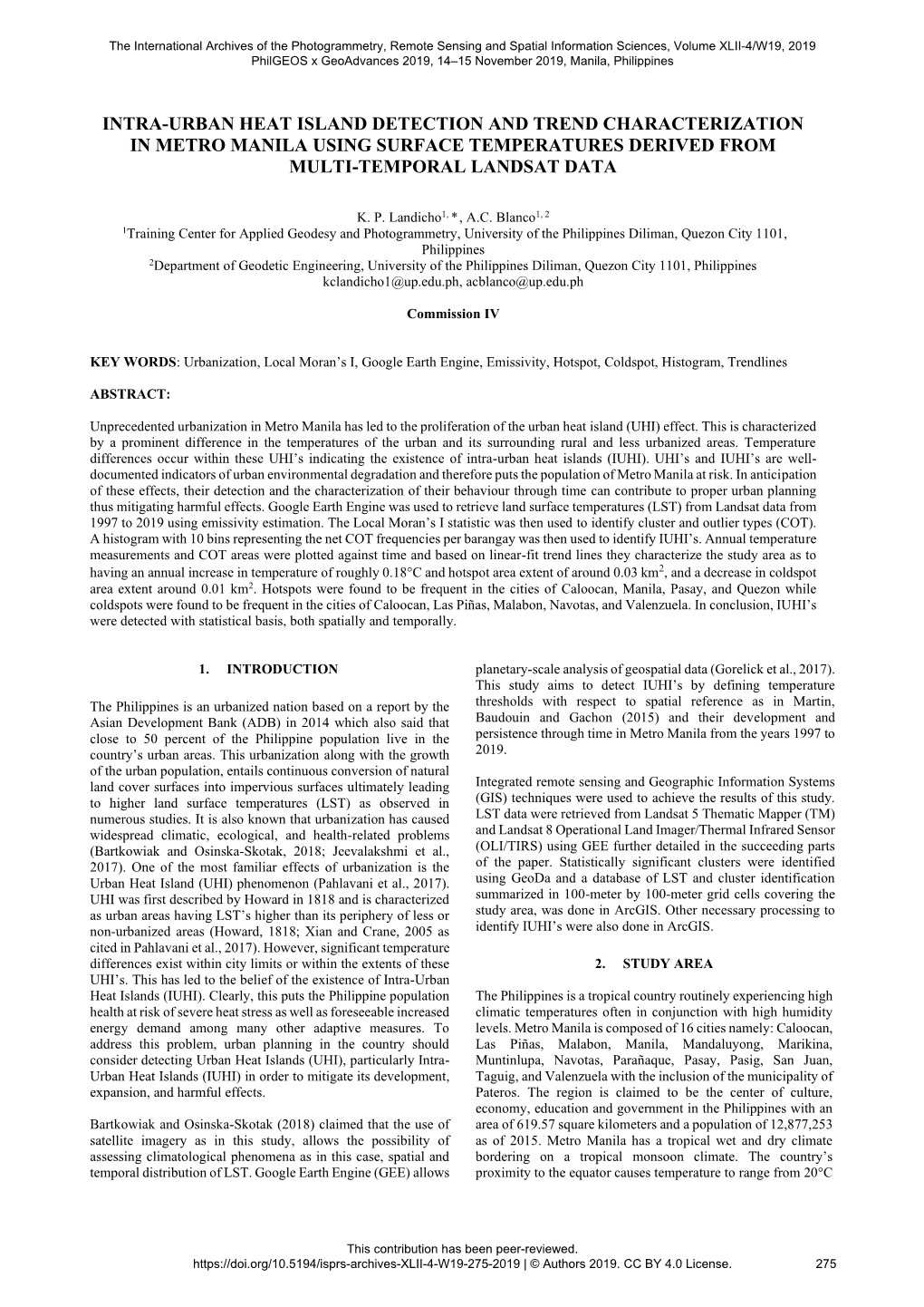 Intra-Urban Heat Island Detection and Trend Characterization in Metro Manila Using Surface Temperatures Derived from Multi-Temporal Landsat Data