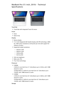 Macbook Pro (15-Inch, 2019) - Technical Specifications