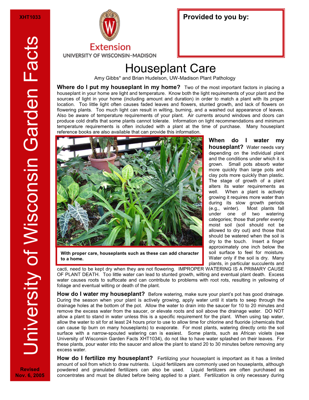 Houseplant Care Amy Gibbs* and Brian Hudelson, UW-Madison Plant Pathology