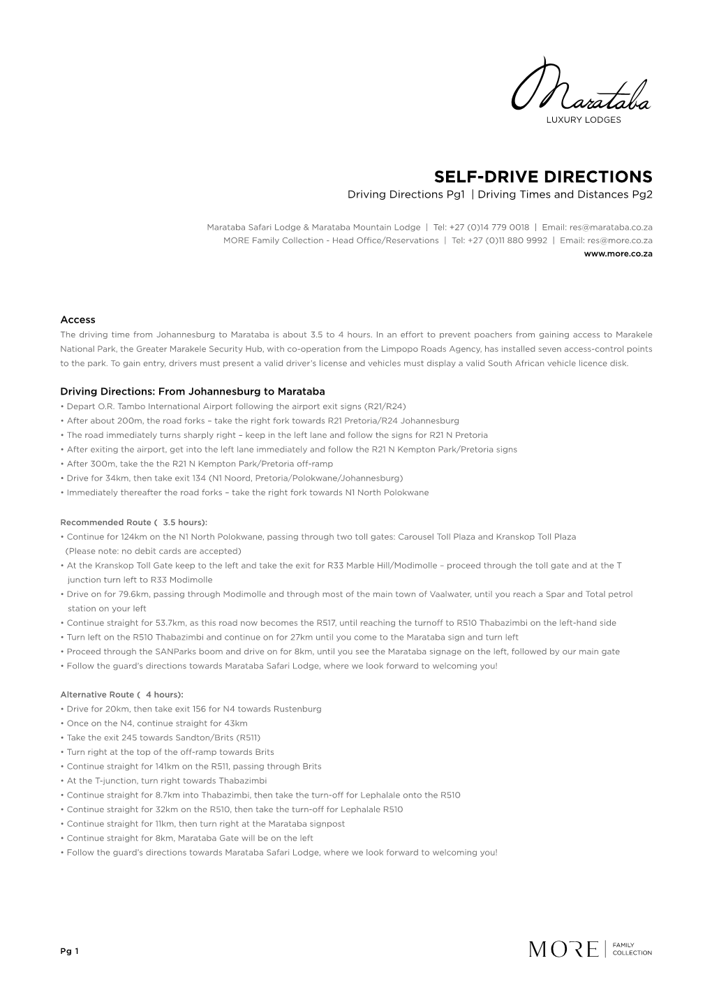 SELF-DRIVE DIRECTIONS Driving Directions Pg1 | Driving Times and Distances Pg2