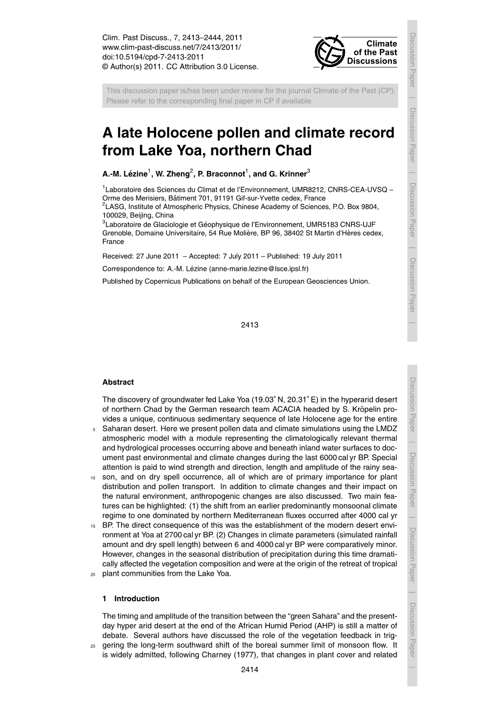 A Late Holocene Pollen and Climate Record from Lake Yoa, Northern Chad