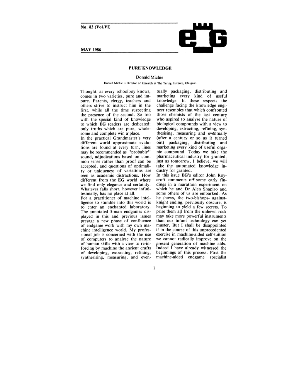No. 83 (Vol.VI) MAY 1986 PURE KNOWLEDGE Donald