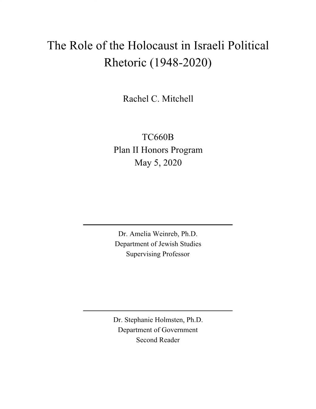 The Role of the Holocaust in Israeli Political Rhetoric (1948-2020)