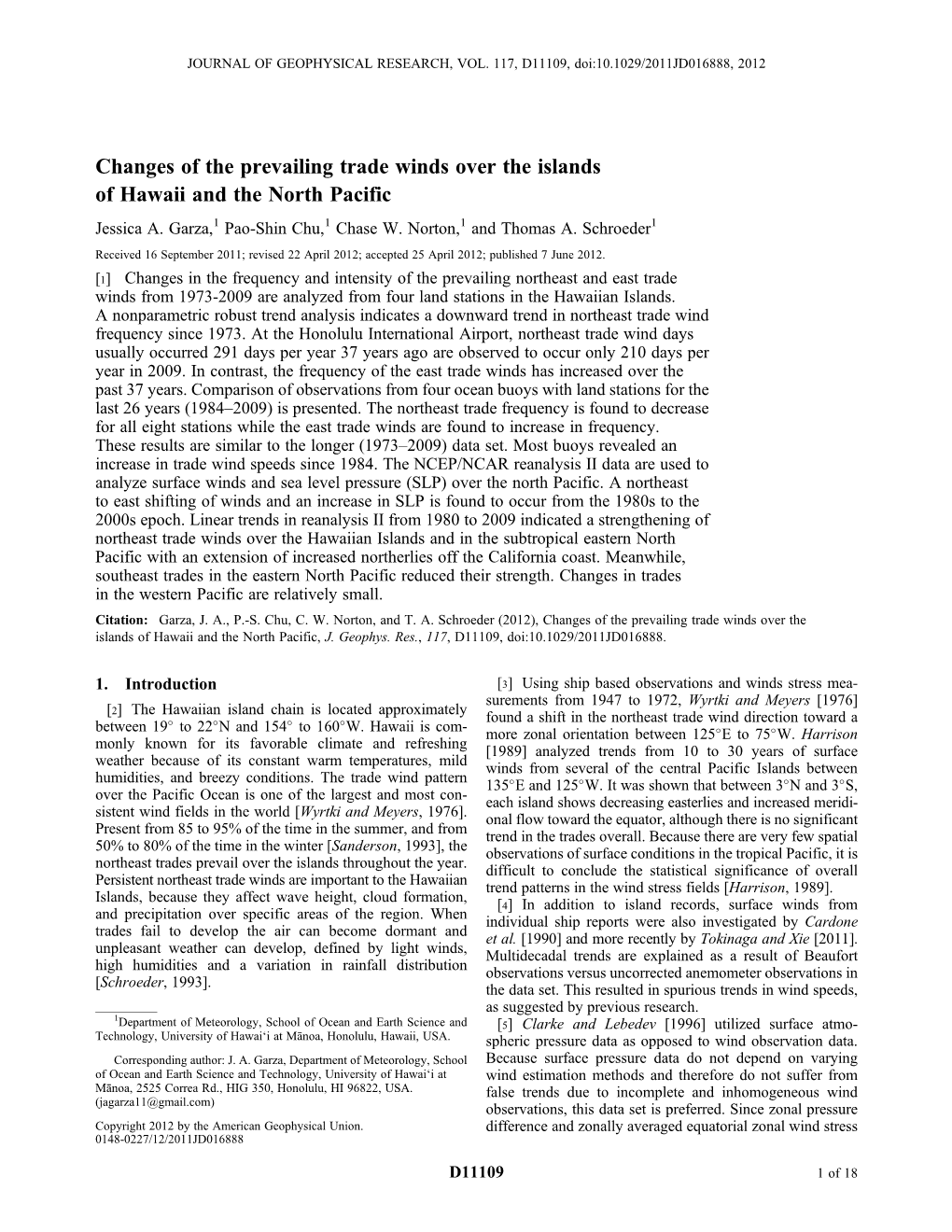 Changes of the Prevailing Trade Winds Over the Islands of Hawaii and the North Pacific Jessica A
