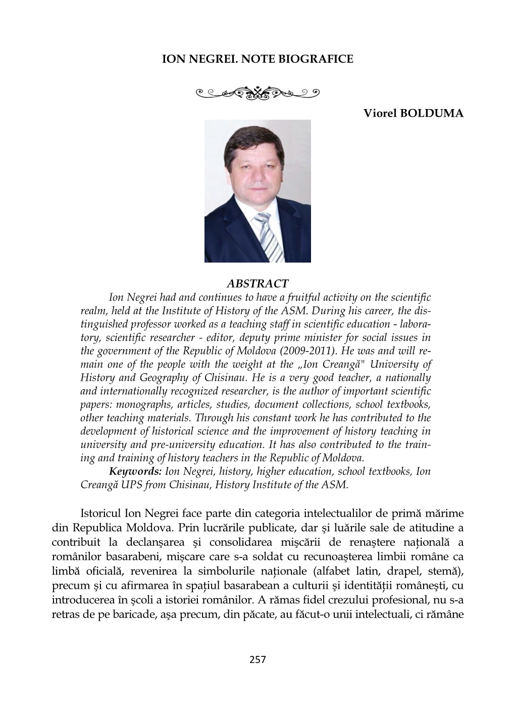 ION NEGREI. NOTE BIOGRAFICE Viorel BOLDUMA ABSTRACT