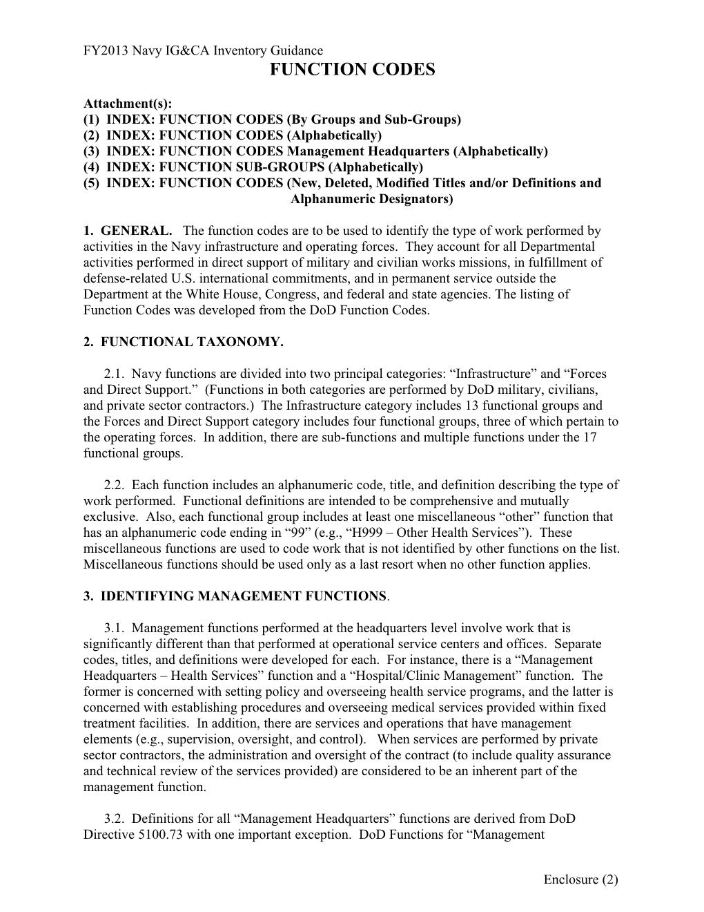 1) INDEX: FUNCTION CODES (By Groups and Sub-Groups