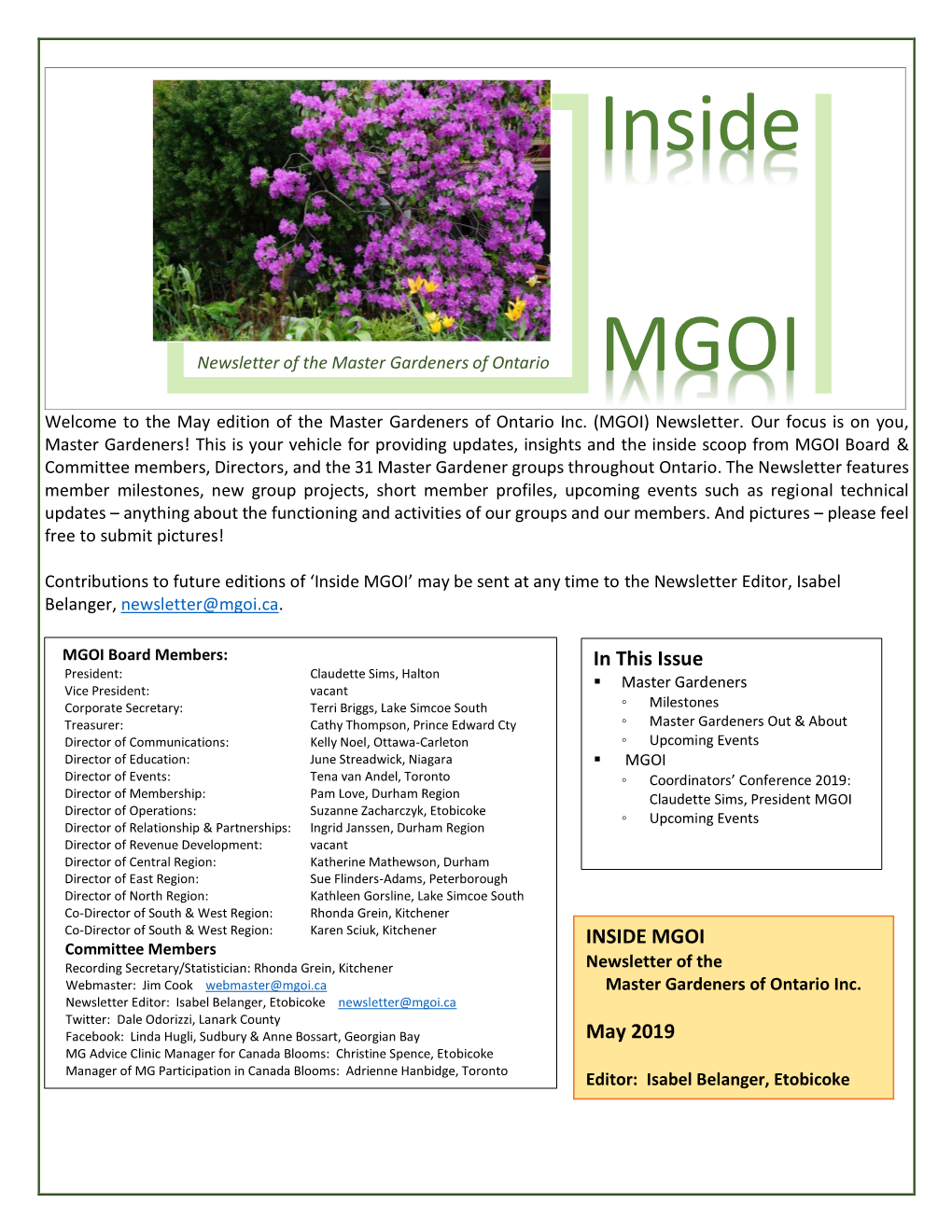 Inside MGOI’ May Be Sent at Any Time to the Newsletter Editor, Isabel Belanger, Newsletter@Mgoi.Ca