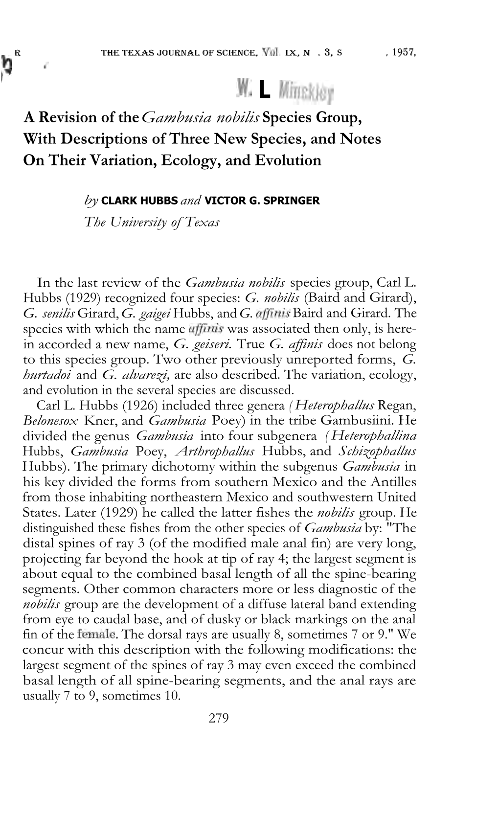 W. L Minckley a Revision of the Gambusia Nobilis Species Group, with Descriptions of Three New Species, and Notes on Their Variation, Ecology, and Evolution