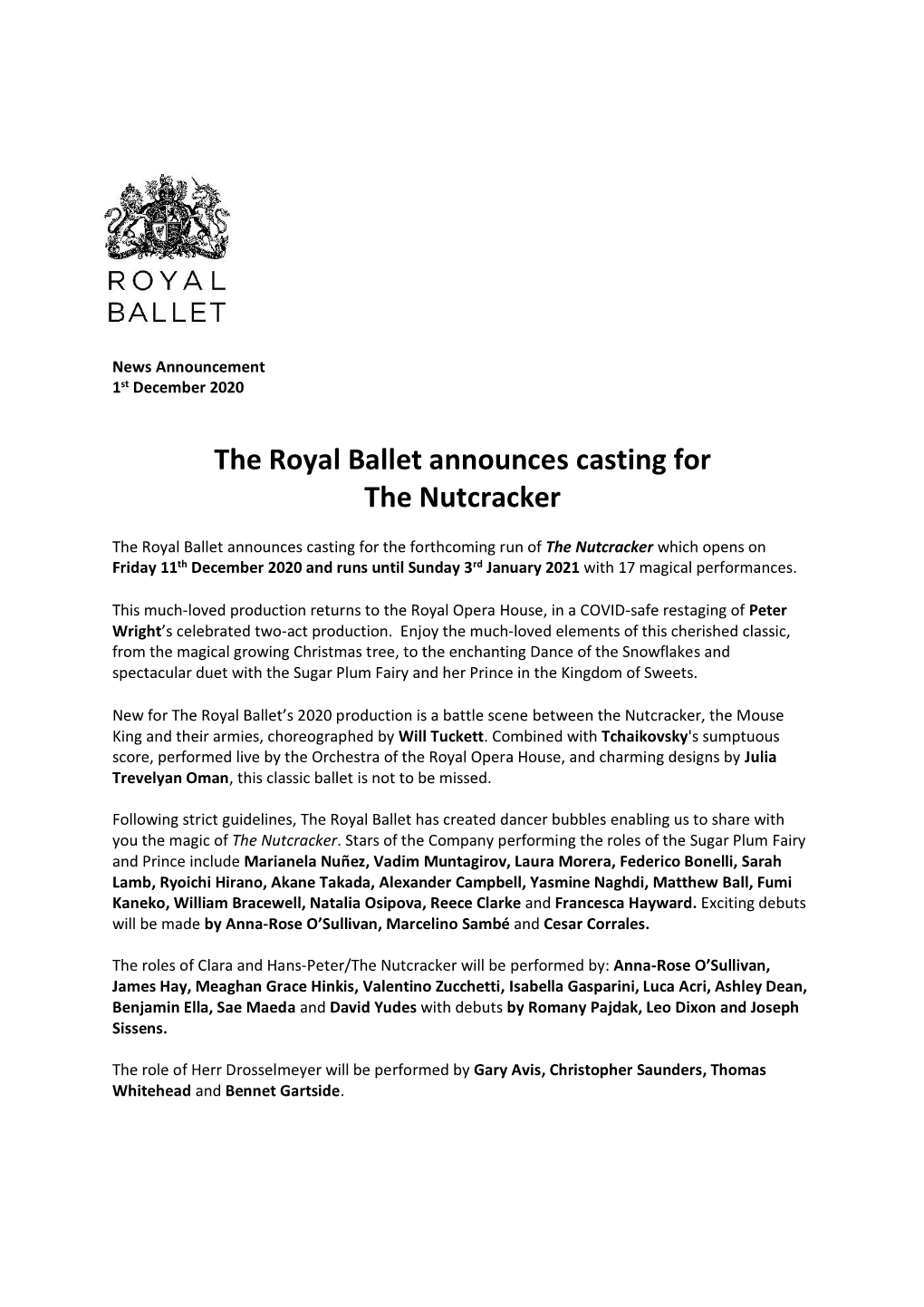 The Royal Ballet Announces Casting for the Nutcracker