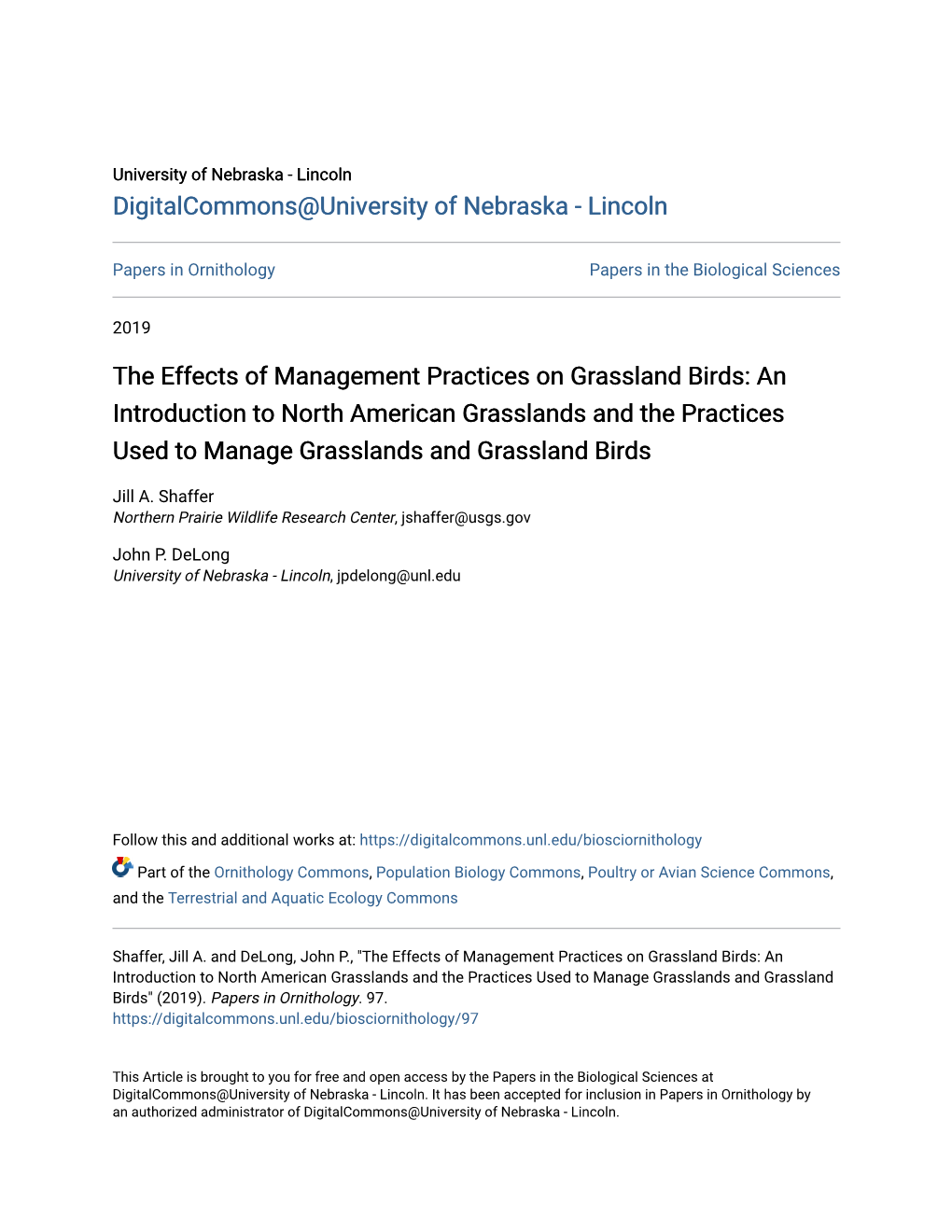 The Effects of Management Practices on Grassland Birds: an Introduction to North American Grasslands and the Practices Used to Manage Grasslands and Grassland Birds