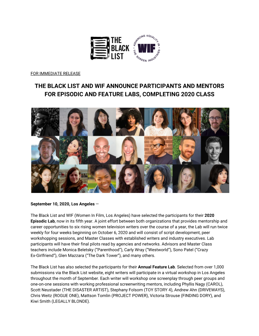 The Black List and Wif Announce Participants and Mentors for Episodic and Feature Labs, Completing 2020 Class