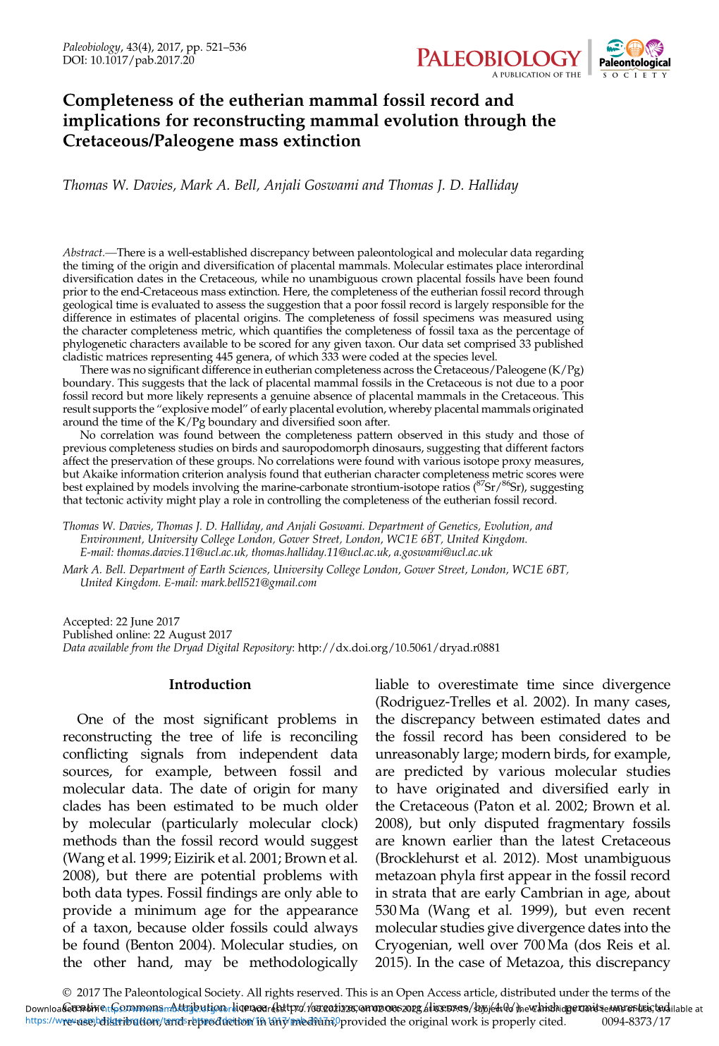 Completeness of the Eutherian Mammal Fossil Record and Implications for Reconstructing Mammal Evolution Through the Cretaceous/Paleogene Mass Extinction