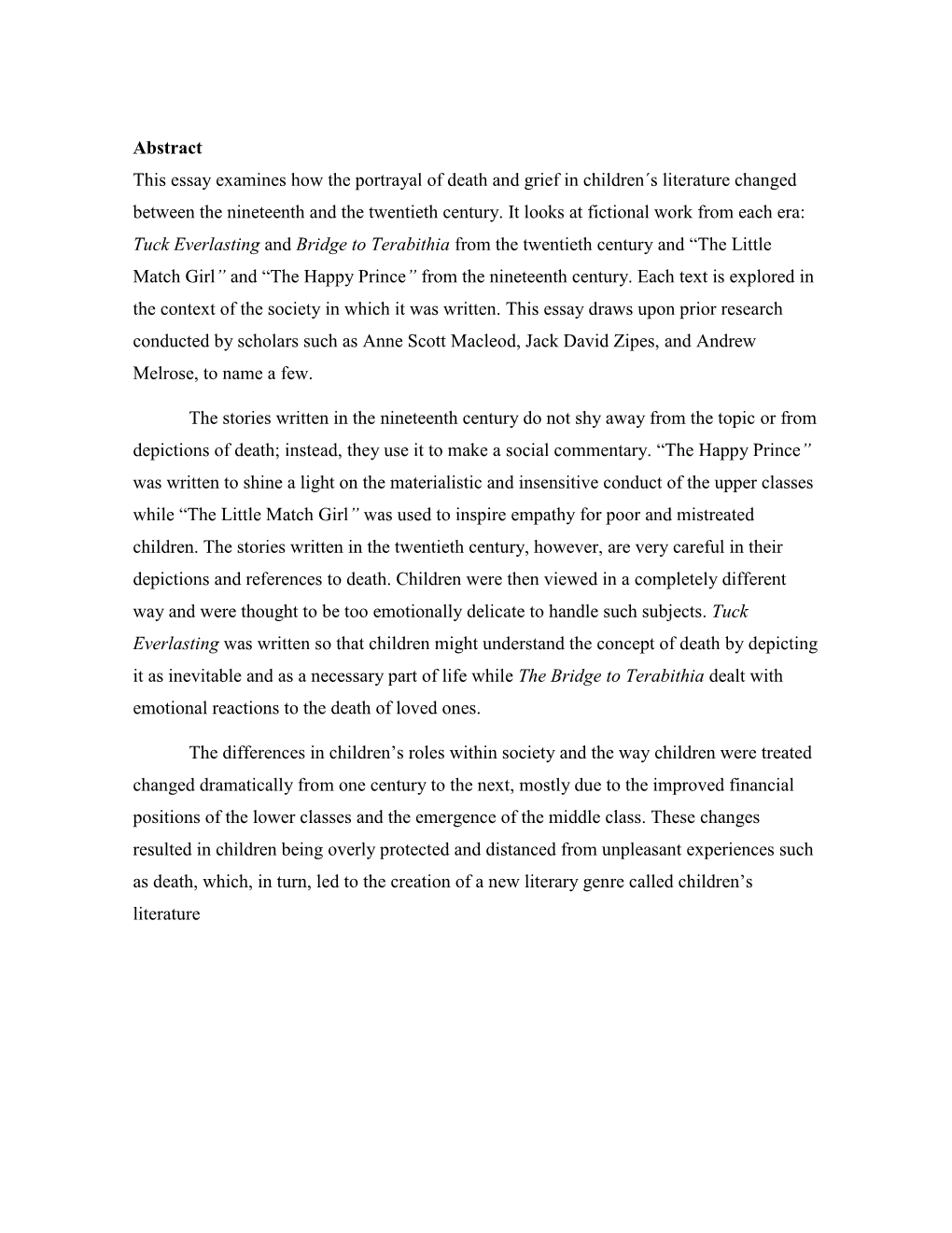 Abstract This Essay Examines How the Portrayal of Death and Grief in Children´S Literature Changed Between the Nineteenth and the Twentieth Century