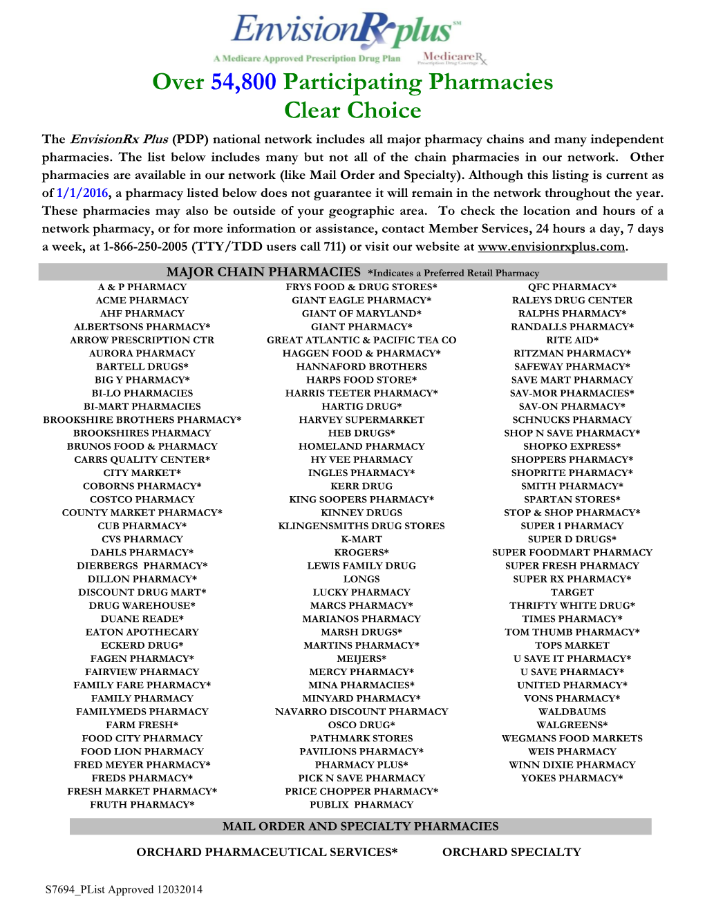 Over 54,800 Participating Pharmacies Clear Choice the Envisionrx Plus (PDP) National Network Includes All Major Pharmacy Chains and Many Independent Pharmacies