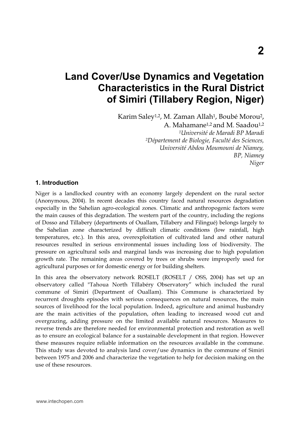 Land Cover/Use Dynamics and Vegetation Characteristics in the Rural District of Simiri (Tillabery Region, Niger)