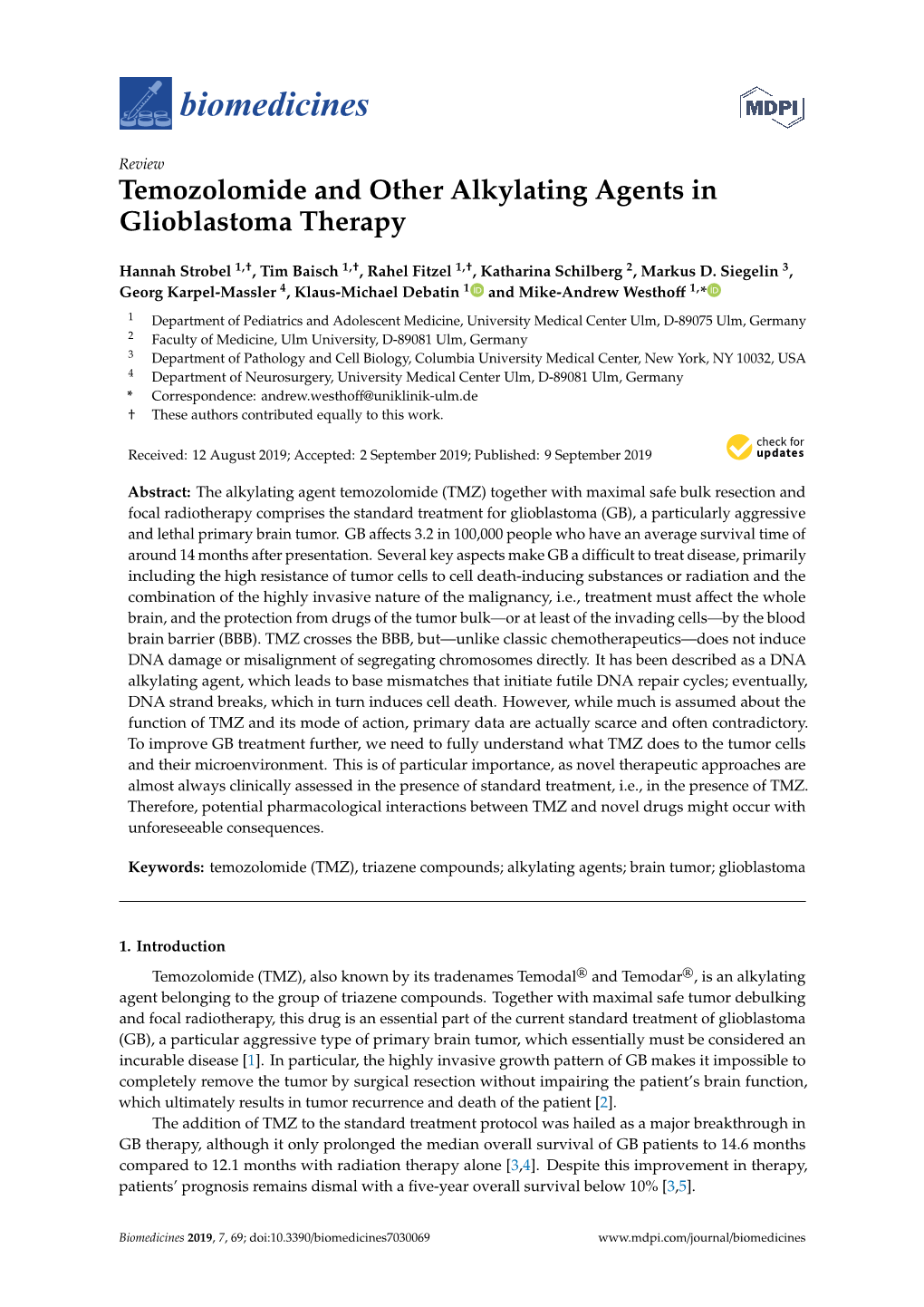 Temozolomide and Other Alkylating Agents in Glioblastoma Therapy