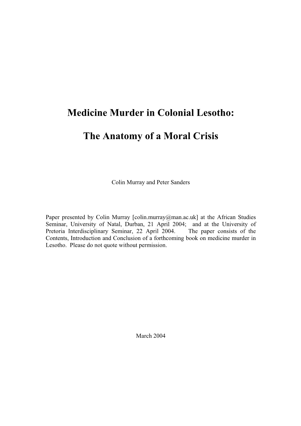 Medicine Murder in Colonial Lesotho