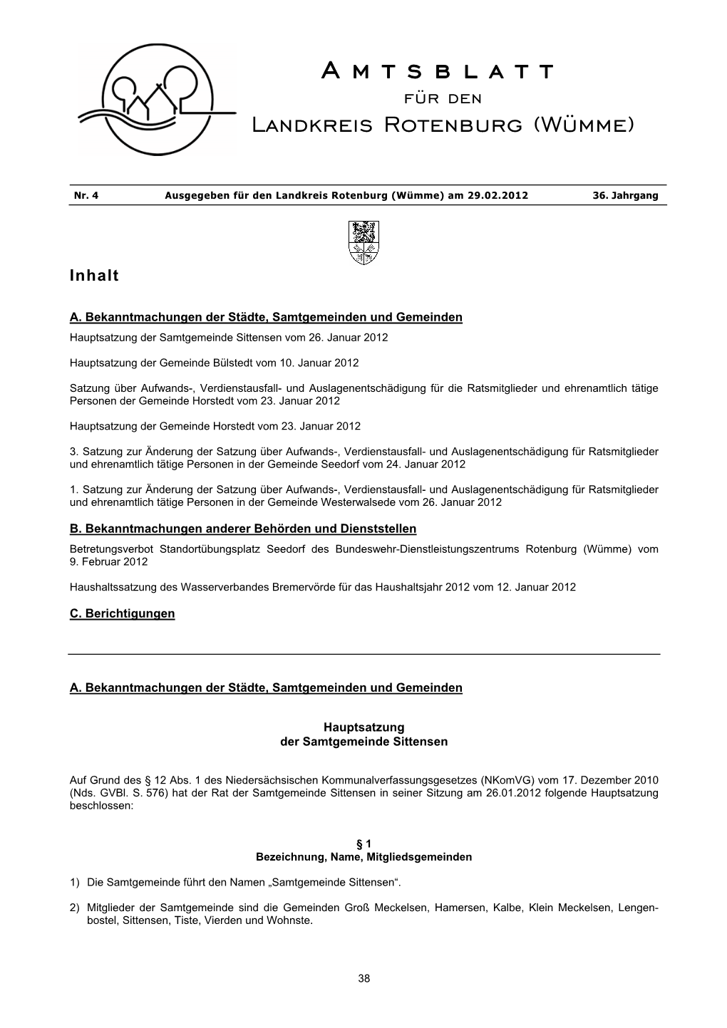 Amtsblatt Für Den Landkreis Rotenburg (Wümme)