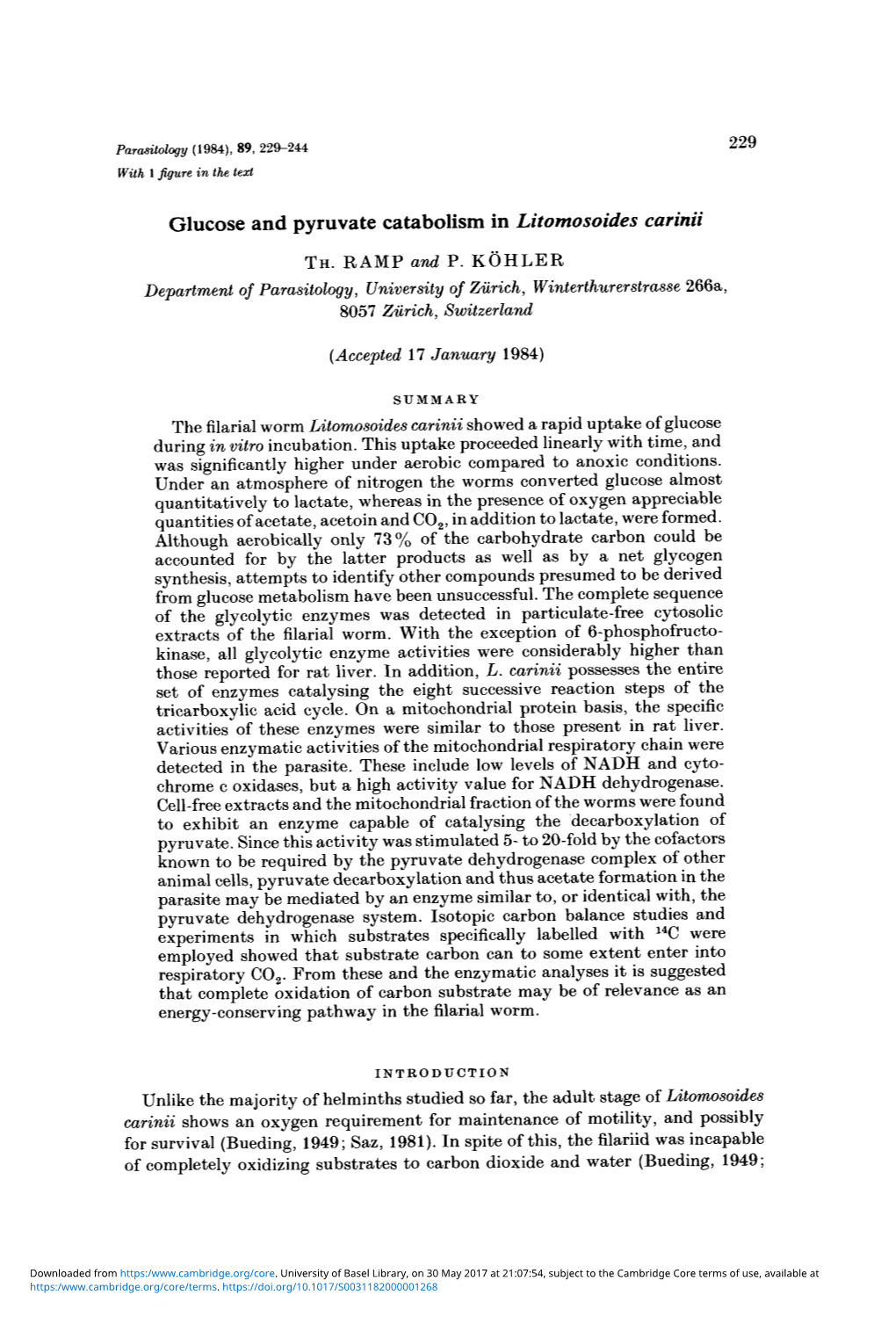 Glucose and Pyruvate Catabolism in Litomosoides Carinii