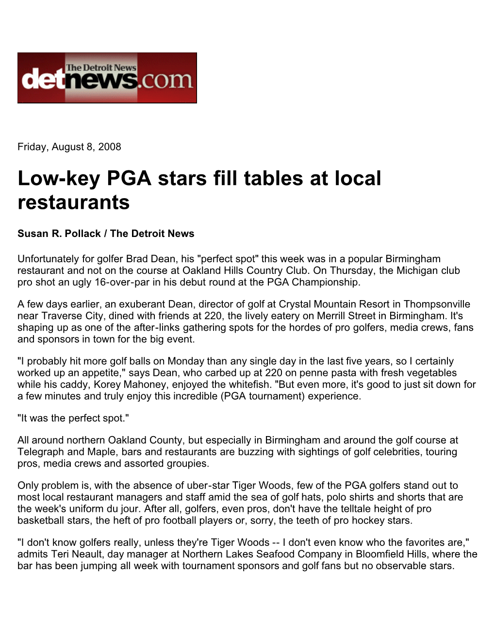 Low-Key PGA Stars Fill Tables at Local Restaurants