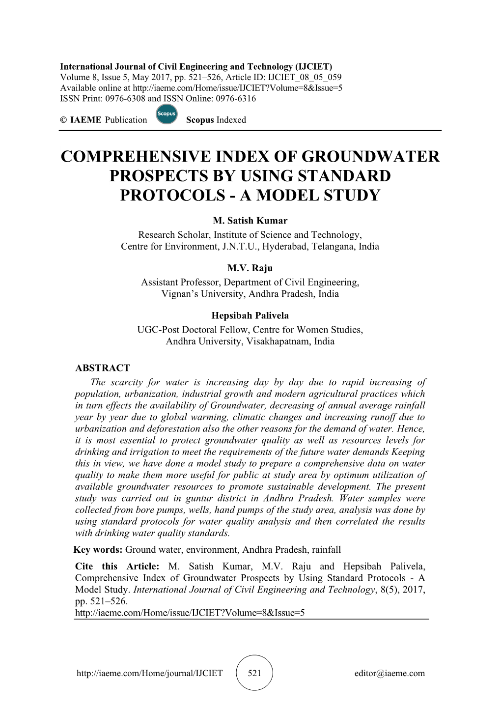 Comprehensive Index of Groundwater Prospects by Using Standard Protocols - a Model Study